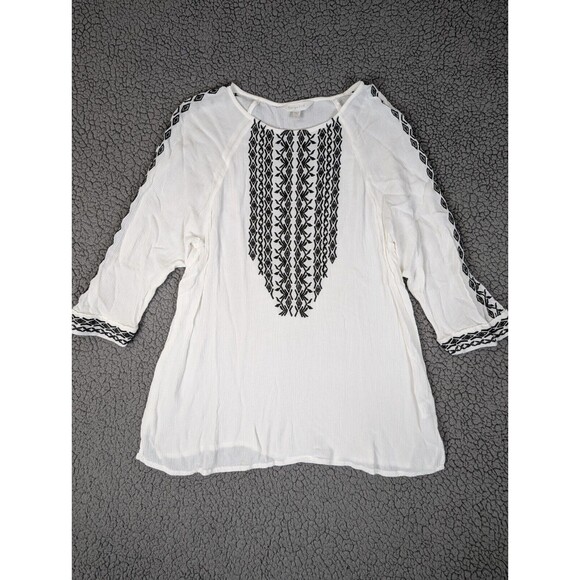 Garnet Hill Tops - Garnet Hill Womens Size Large Blouse White Geometric 3/4 Sleeve Embroidered